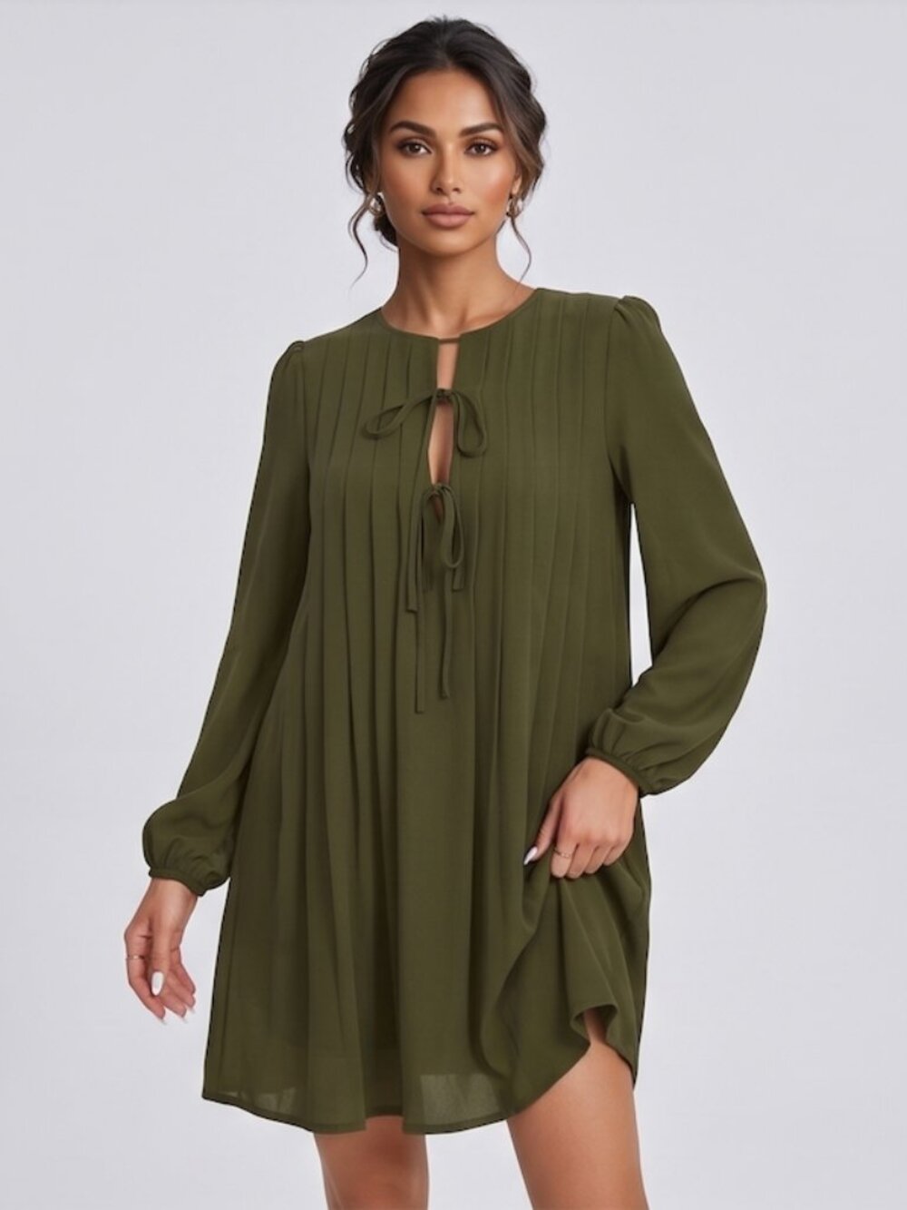 Boho Army Green Long Sleeve Keyhole Mini Dress Pleated Front Babydoll Top